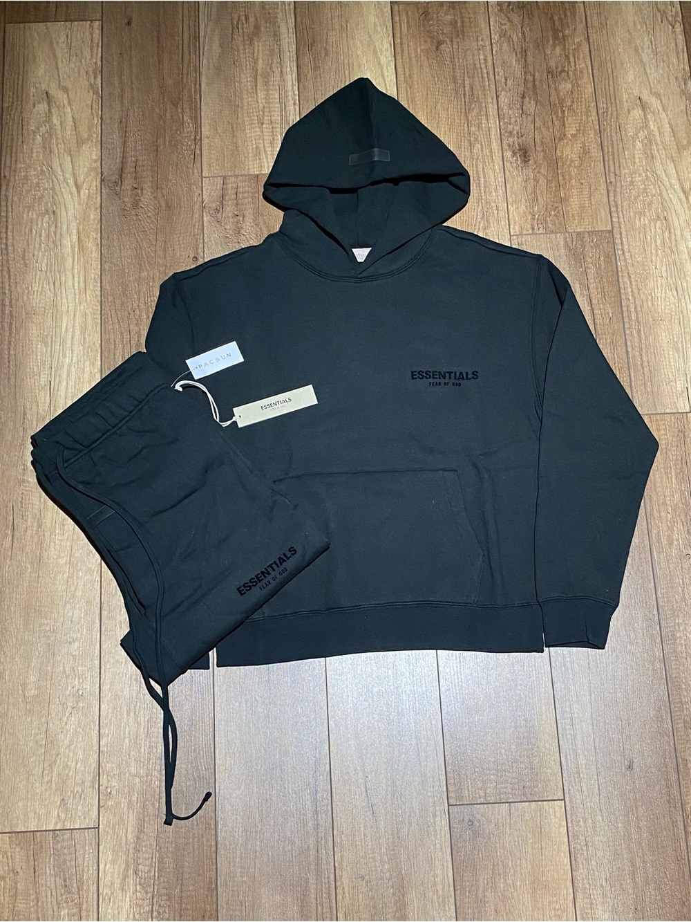 Essentials Fear of God Stretch Limo Black Hoodie and Sweatpants Tracksuit Set